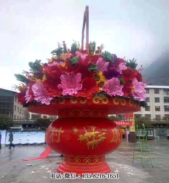 街道摆件大型彩绘花朵仿真玻璃钢大花篮雕塑 街道摆件大型彩绘花朵仿真玻璃钢大花篮雕塑